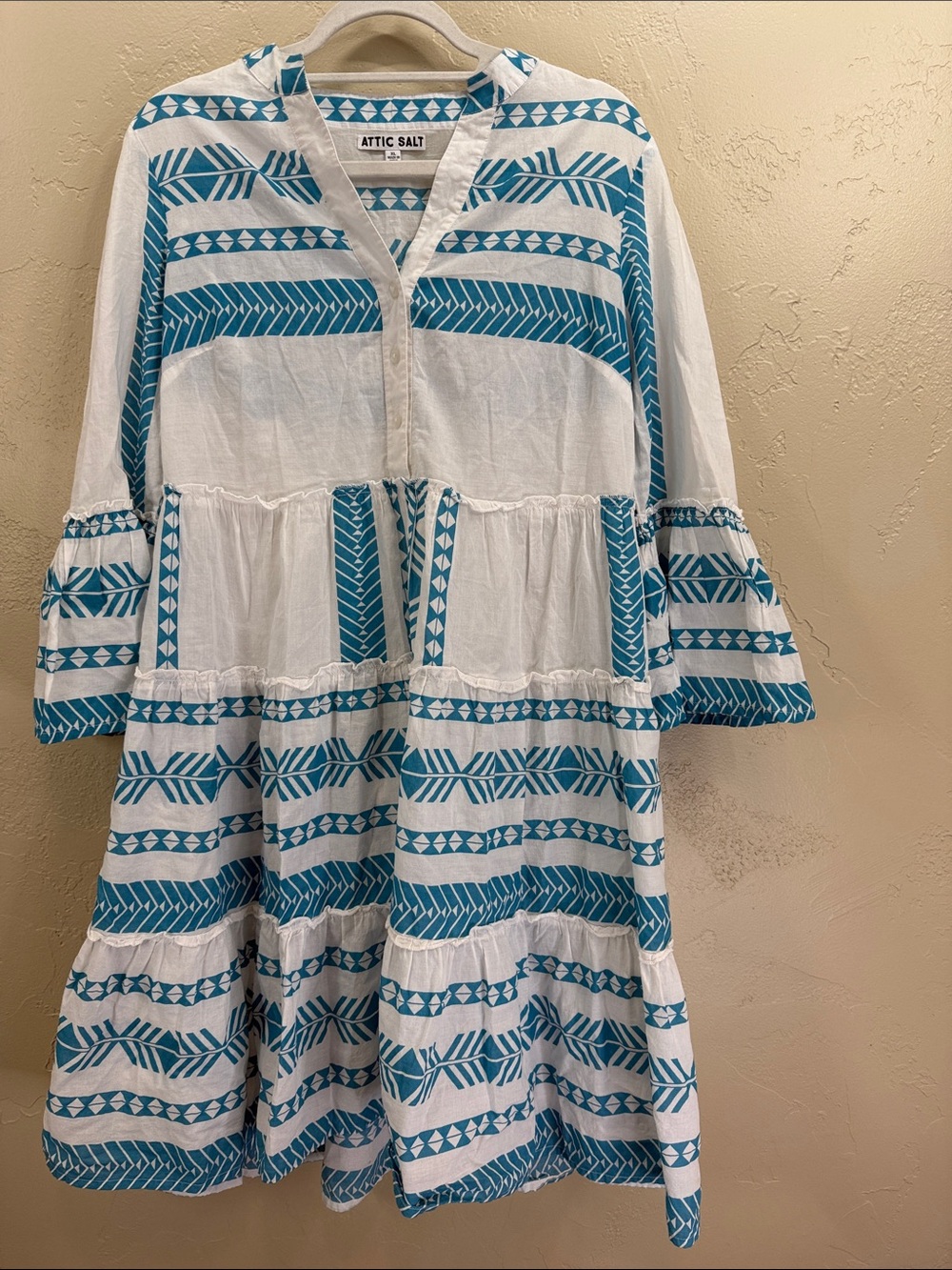 Attic Salt Blue & White Cotton Tiered V-Neck Boho Midi Dress Coastal Aztec XL - Picture 9 of 13